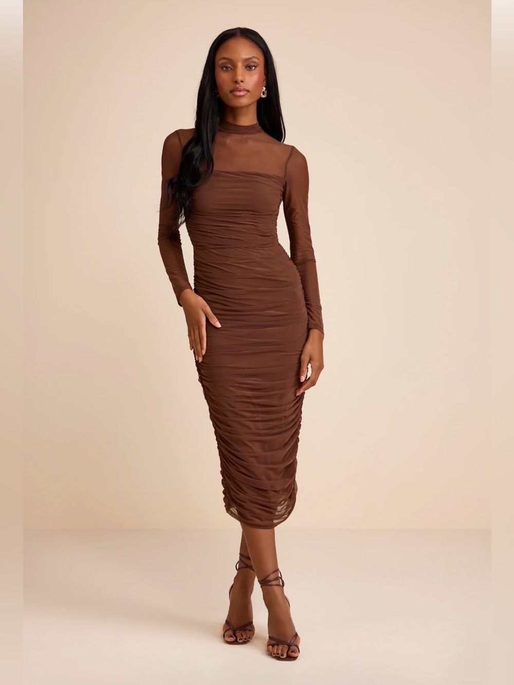 Lulus Impressive Flirt Brown Mesh Ruched Mock Neck Midi Dress size L